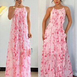 Pink Women's Elegant Ruffle Strap Floral Print Long Flowy Maxi Dress